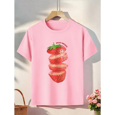 European Sizes Girls' Strawberry Print T-Shirt - Casual Round Neck Summer Top with Vibrant Strawberry Design