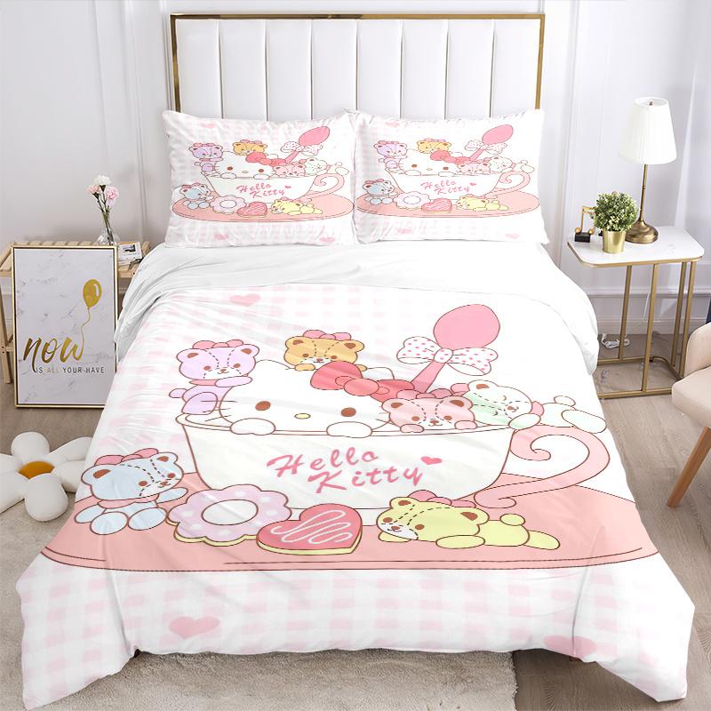 3pcs Sanrio Hello Kitty & Colorful Bear Bedding Set 1 Soft Quilt Cover + 2 Pillowcases, Machine Washable Suitable for All Seasons, Perfect Gift W096