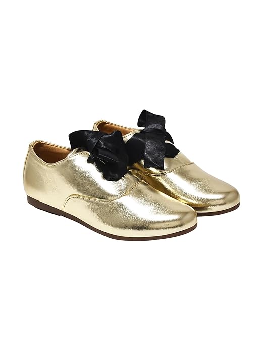 Shoetopia Women Dress Shoes Stylish Metallic Flats with Black Bow Detail, Perfect for Formal & Casual Occasions