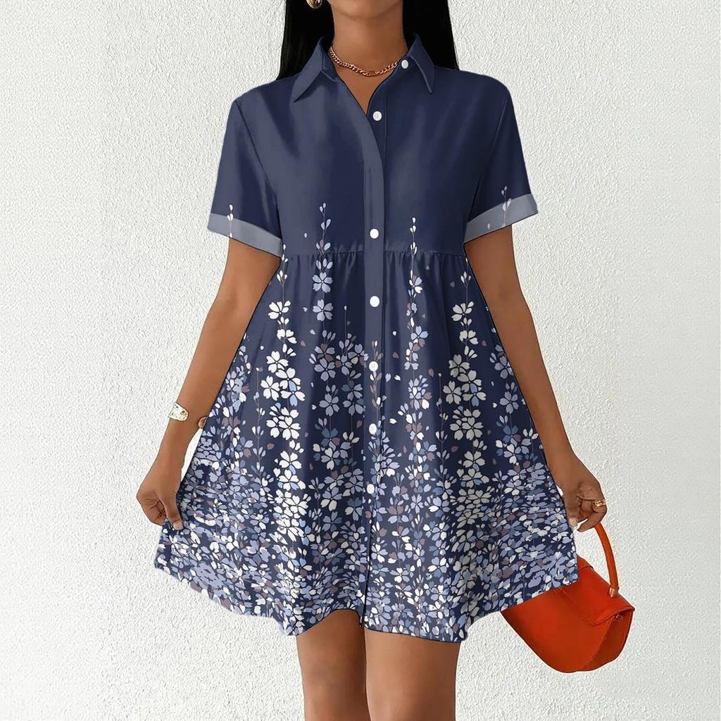 Women Casual Loose Fit Dress Button Front Shirt Dress Short Sleeve Collared Dress Summer Daily Wear