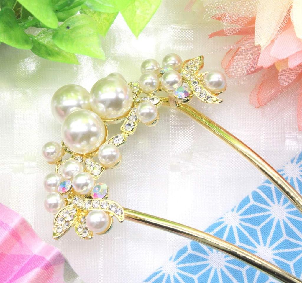 [Miaomyao] Kanzashi U-shaped Hair Ornament for Japanese Clothing, Yukata, Kimono, Pearl Hair Comb, Antique Hair Accessory, Gold