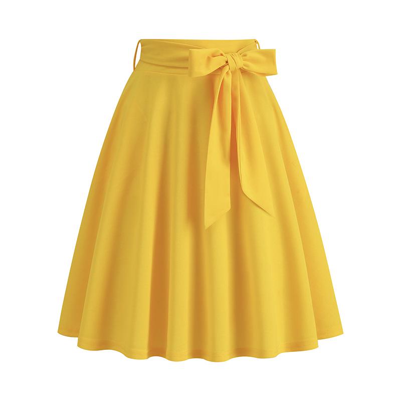 European & American Women's Retro Belted A-line Skirt with Hepburn Style Bow Pockets