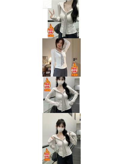 Korean Style Drop Shoulder Naval Collar Long Sleeve Top for Women, Slim Fit Flowy Ribbon Design, Perfect for Spring/Autumn.