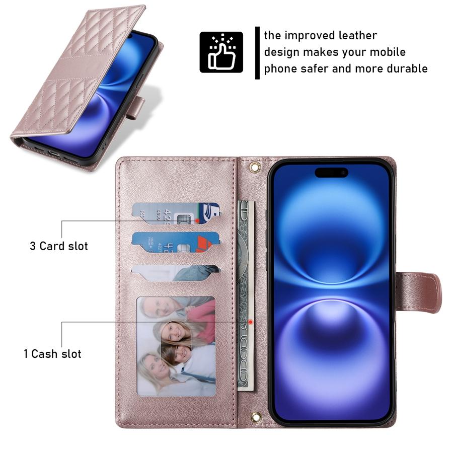 Étui de téléphone matelassé en losanges en cuir PU premium avec cadre photo et poche pour billets pour iPhone Samsung Google Dragonne détachable