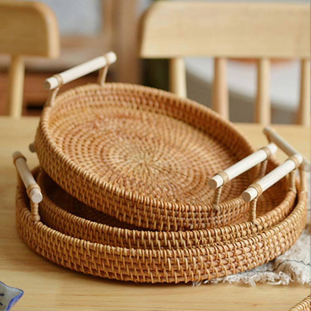 Breakfast Tray Round Wooden Trays Rattan Storage Basket Fruit