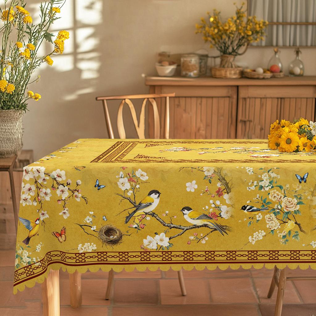 1 Piece Retro Style Flower And Bird Print Round Tablecloth, 5 Sizes Available, Square Tablecloth With Retro Shading Plum Blossom Flower And Bird Print