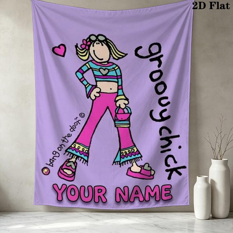 Custom Name Groovy Chick Pattern Wall Tapestry Aesthetic Wall Hanging Printed Fabric Blanket Decorative Tapestries for Bedroom Living Room Home Decor