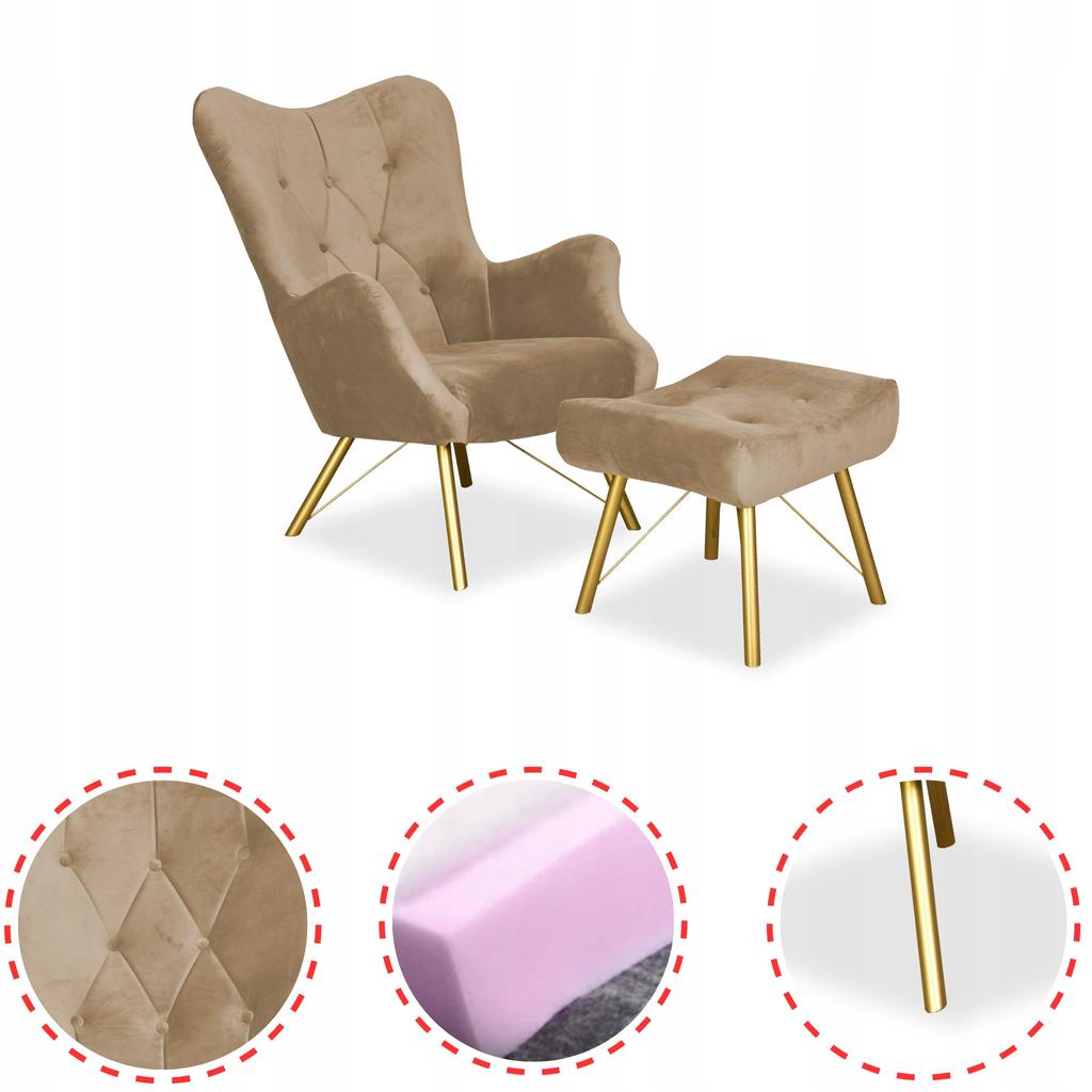 Fotel skandynawski Luna z podnóżkiem pufą guzik Family Meble beżowy kremowy