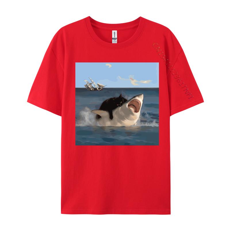 Katze beißt Hai Lustige Kunst und Katzenliebhaber Lustige Katze und Hai Bedrucktes Baumwoll Unisex Oberteil Shirt Normal Hip Hop 2026 Sommer T-Shirt