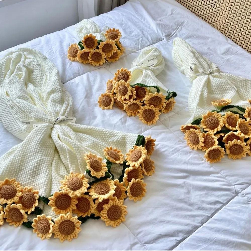 Häkeln Rose Bouquet Decke Mode Sonnenblume Nelke Blumenstrauß Decke Fertige DIY Handarbeit Künstliche Gestrickte Decke