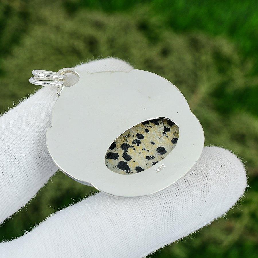 925 Silver Oval Natural Dalmation Jasper Anniversary Art Deco Pendant Jewelry