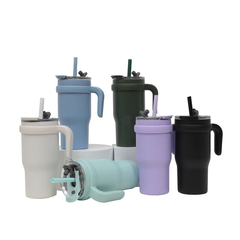 New Solid Color 304 Stainless Steel Thermos Cup, Outdoor Portable Ice Cup With Handle, Fashionable Student Water Cup