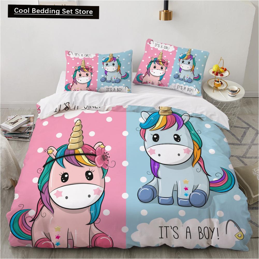Children Kids Baby Pink Bedding Set Queen King Cartoon Unicorn White Duvet Cover Twin Full Colorful 2/3pcs Polyester Quilt Cover