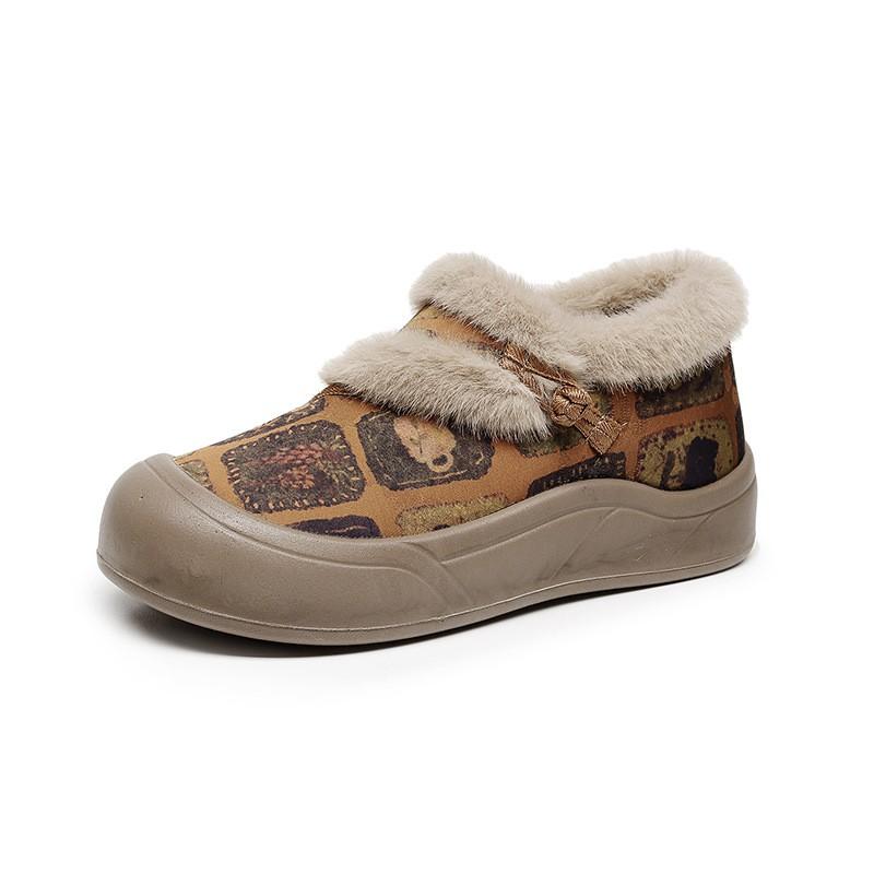 Womens Warm Fuzzy Slippers Shoes With Floral Print PU Sole Cotton Upper Flat Heel Winter Home Wear