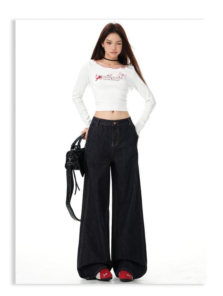 2025 Jesień Amerykańskie Retro Luźne Proste Szerokie Nogawki Drapiące Wyszczuplające Jeansy dla Kobiet