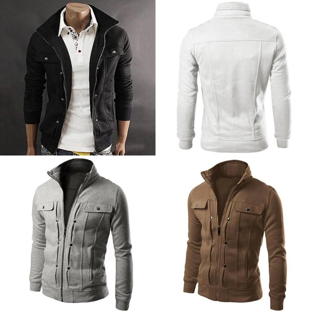 Mens Slim Fit Stand Collar Long Sleeve Coat Top Military Jacket For Stylish Look