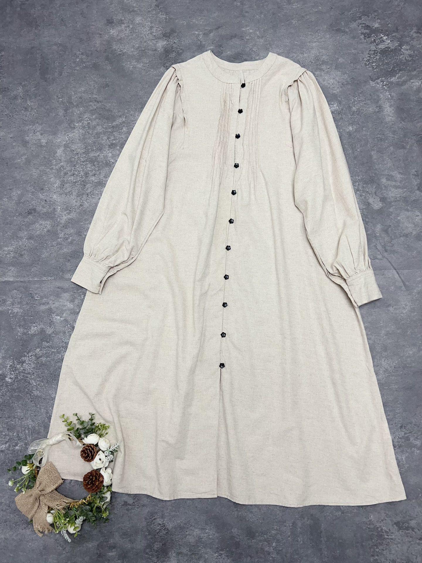 

Johnature японское платье на пуговицах с цветочным принтом, свободное весеннее платье с длинными рукавами, повседневное однотонное хлопковое женское платье Mori One Size бежевый