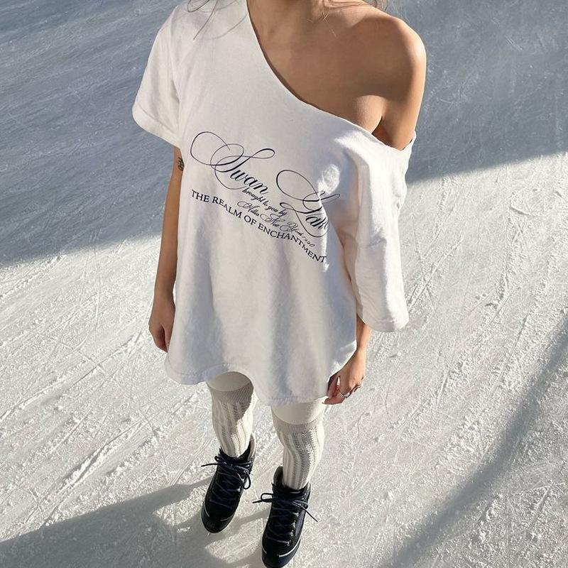 Y2k Estetisk Casual Off Shoulder T-shirt Lös Bokstavstryck Harajuku T-shirts Grunge Vintage Streetwear Oversized T-shirts