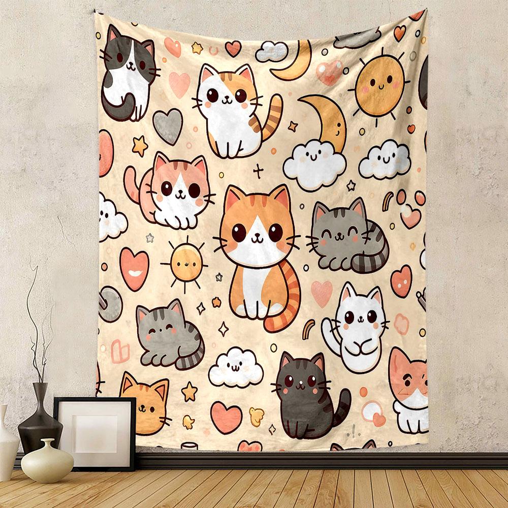 Cute Cartoon Cats and Clouds Pattern Patterned Tapestry Home Decor, Suitable for Bedroom and Living Room, Gift