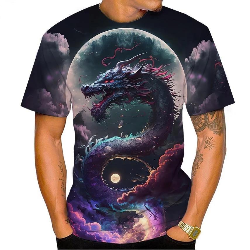 Summer Round Neck 3D Dragon Print Top Fashionable Casual Colorful Short Sleeved Men's T-shirts