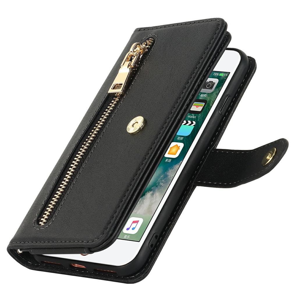 Stand Case for iPhone SE (2022)/(2020)/8/7 PU Leather Phone Cover with Straps/Zipper Wallet/Multiple Card Slots