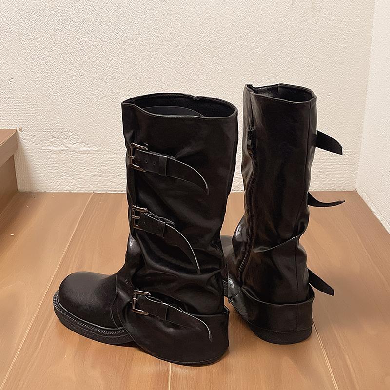 Fashion Retro Western Cowboy Boots Women's Mid-Calf Belt Bule Dirt Sle Faionable Casual Hollow out PU Leather round Toe Booties Shoes