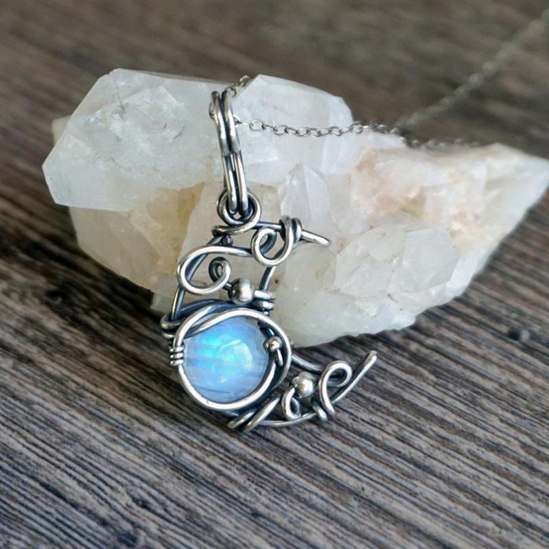 Bohemian Retro Moonstone Necklace with Wire Hollow Moon Pendant