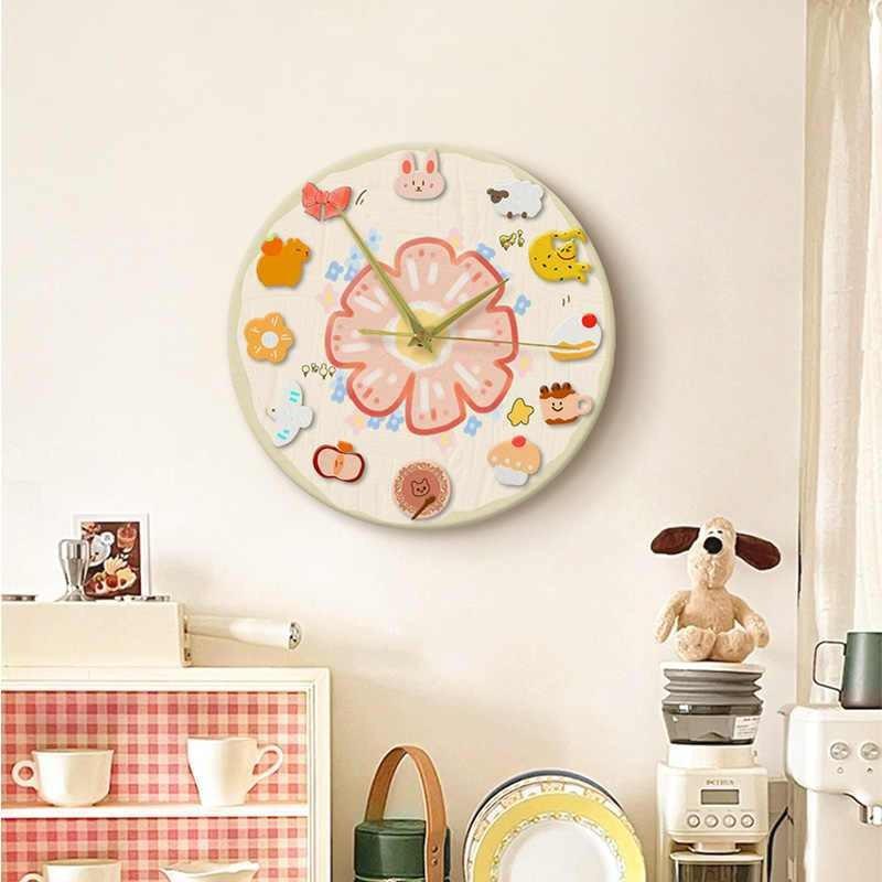Dopamine Clock Living Room Clock Cartoon Living Room Hanging Watch Decorative Painting Round Cream Style Silent Clock Bedroom Table