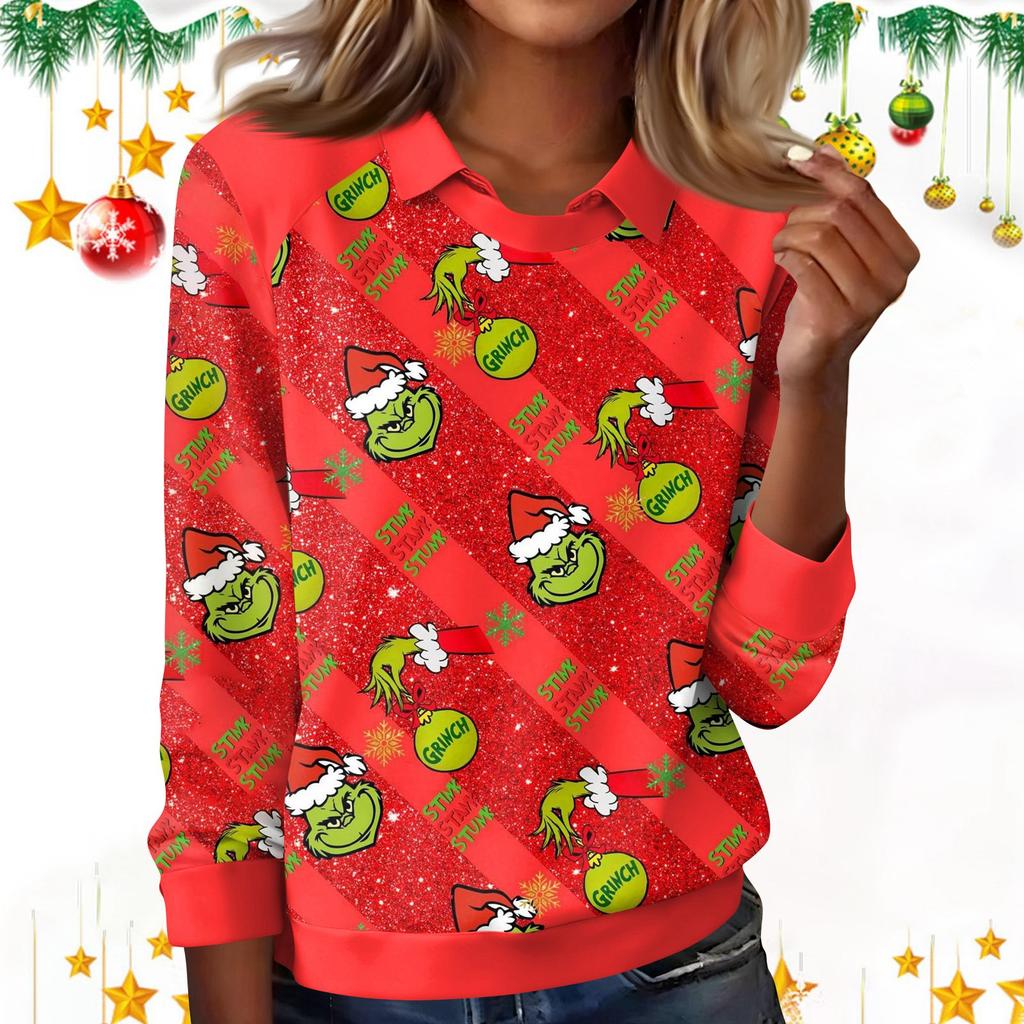 Women's Fashion Christmas Print Lapel Long Sleeve Casual Crewneck T-Shirt Top
