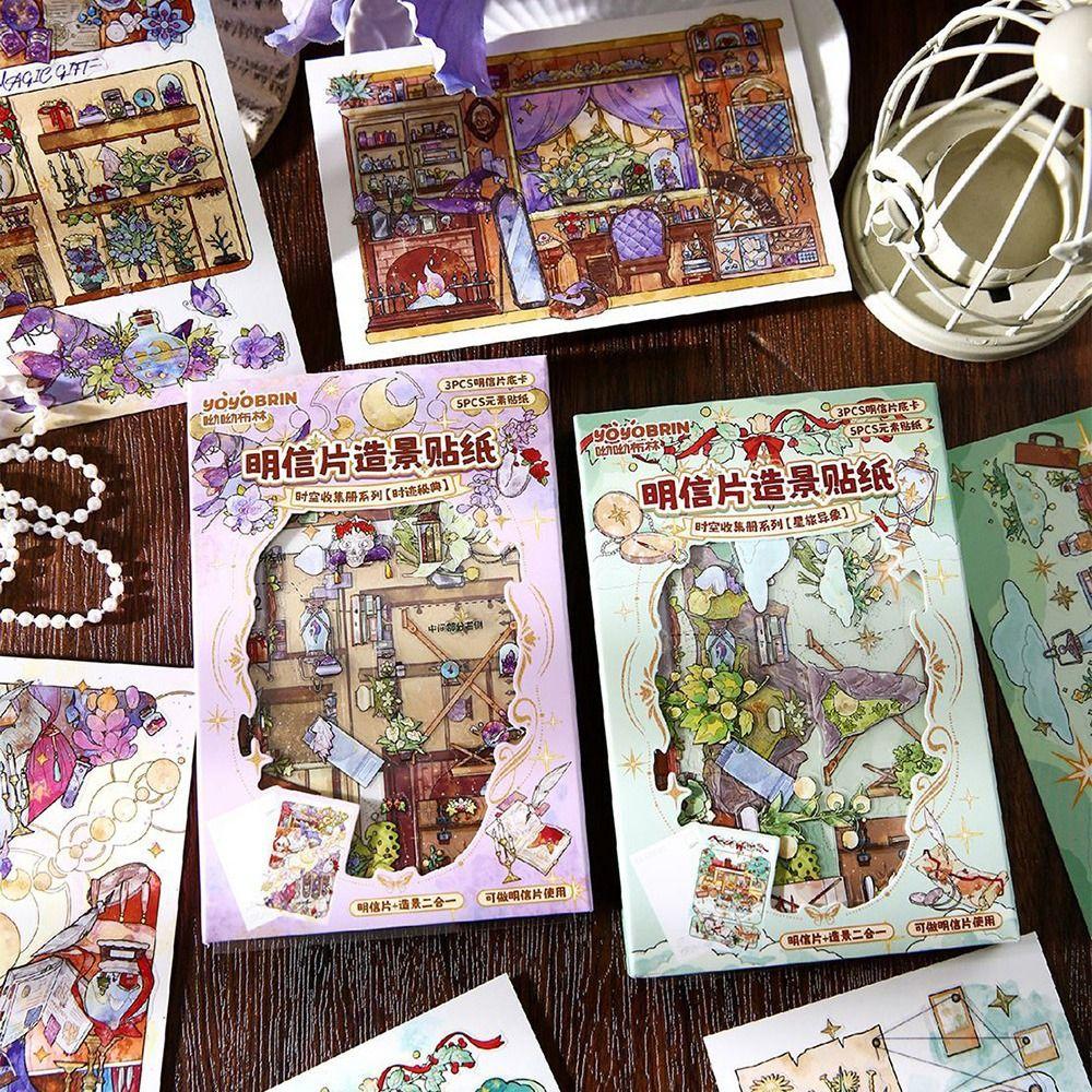 DIY Scene Sticker Postcard Cartoon Scene Sticker Set Postcard Landscape Stickers Journaling