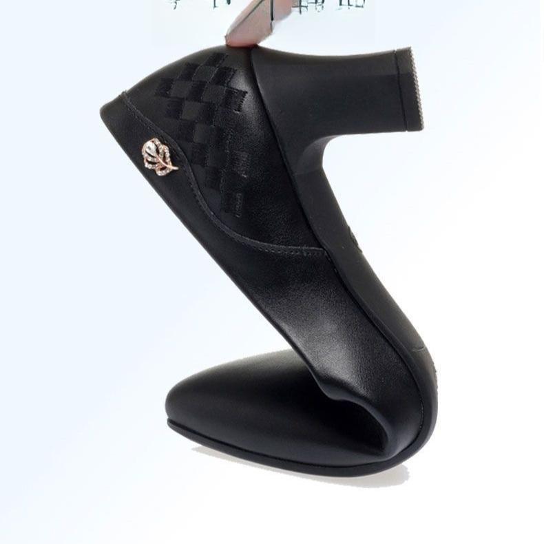 Work Shoes Single Order Shoes Women's Leather Shoes Pointed Toe Thick Heel Versatile Shallow Mouth Women's Shoes