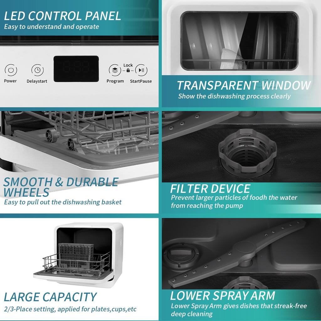 785W Automatic Countertop Dishwasher Disinfecting Cabinet  2/3 Place Setting Desktop 5 Washing Programs Dish Washer Machine UK/US Plug