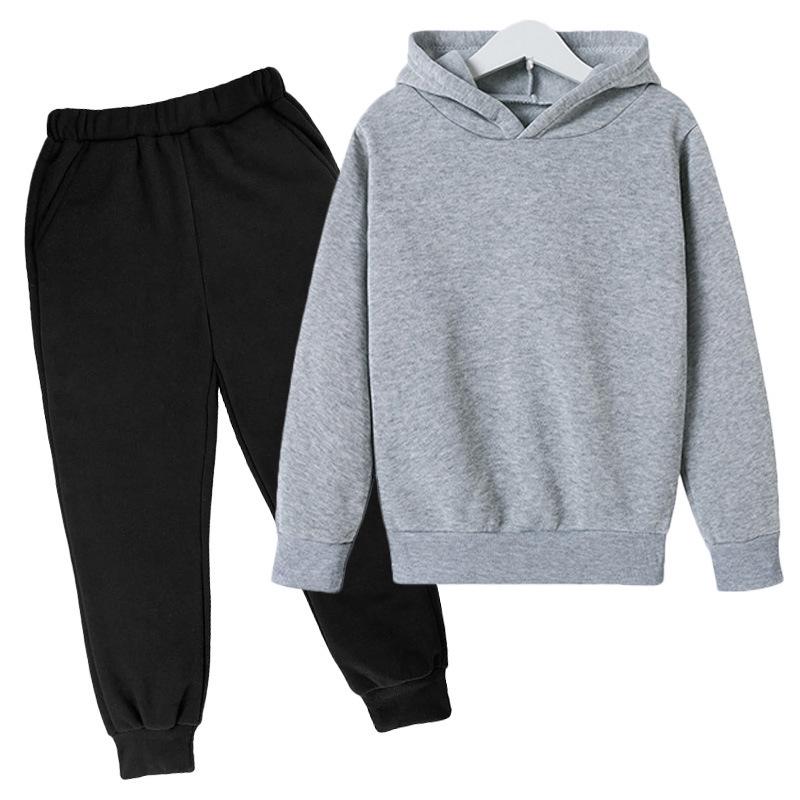 Solid Color Fleece-Lined Kids' Hoodie & Sweatpants Set - Autumn/Winter White