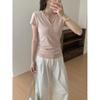 Minimalist Henry Neck Button Slim Fit T-Shirt Front Shoulder Short Sleeve Women's Summer Thin Breathable V-Neck Front Shoulder Bottom Top