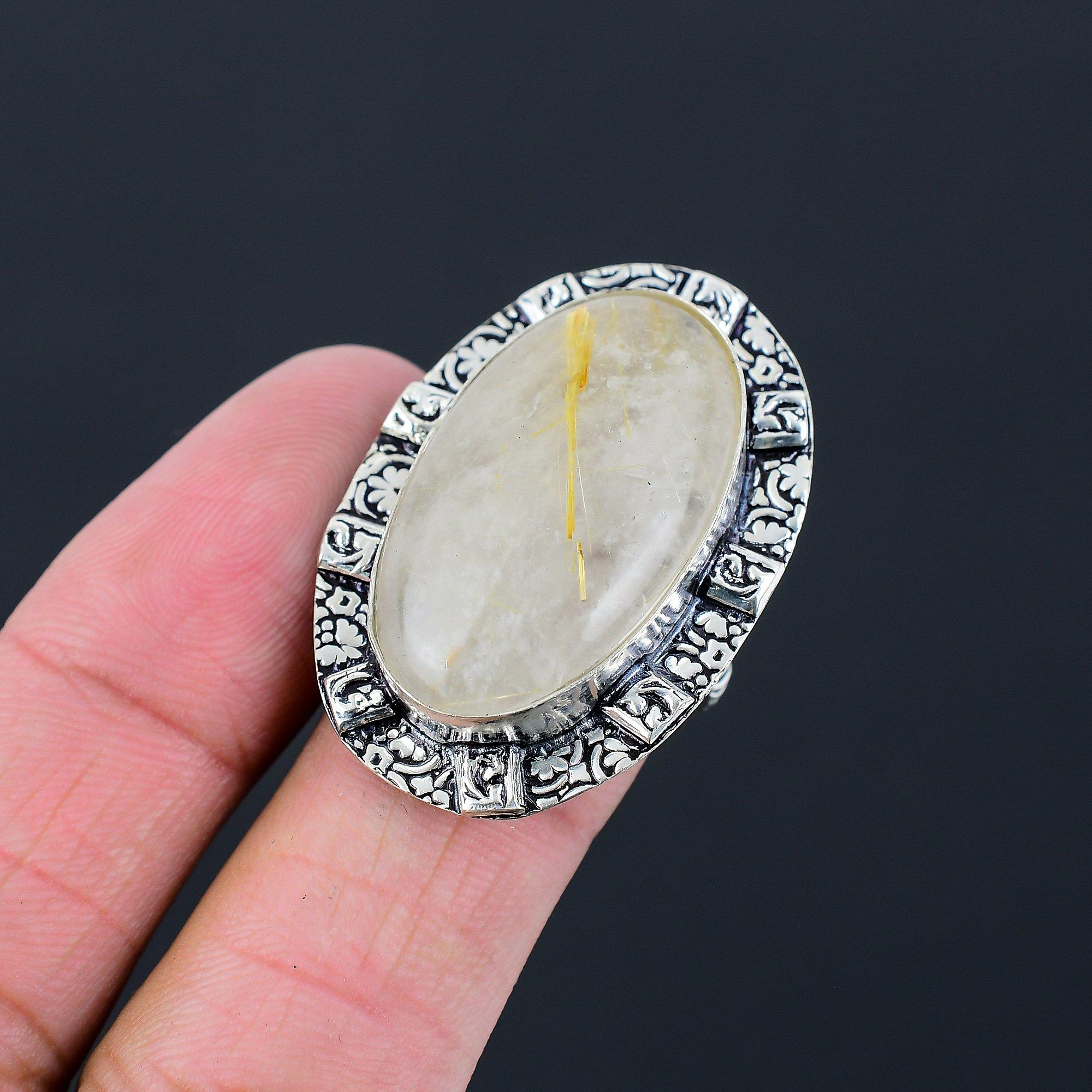 Womens day Sale 925 Silver Golden Rutile Stone Promise Statement Engagement Ring 9