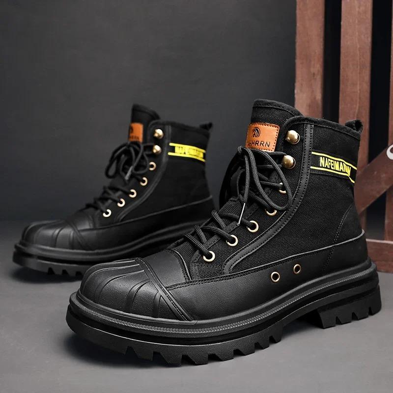 2025 Mens Boots Canvas New In Winter Casual Shoes Luxury Ankle Platform Hiking Safety Motorcycle Chelsea Tactical Cowboy Combat