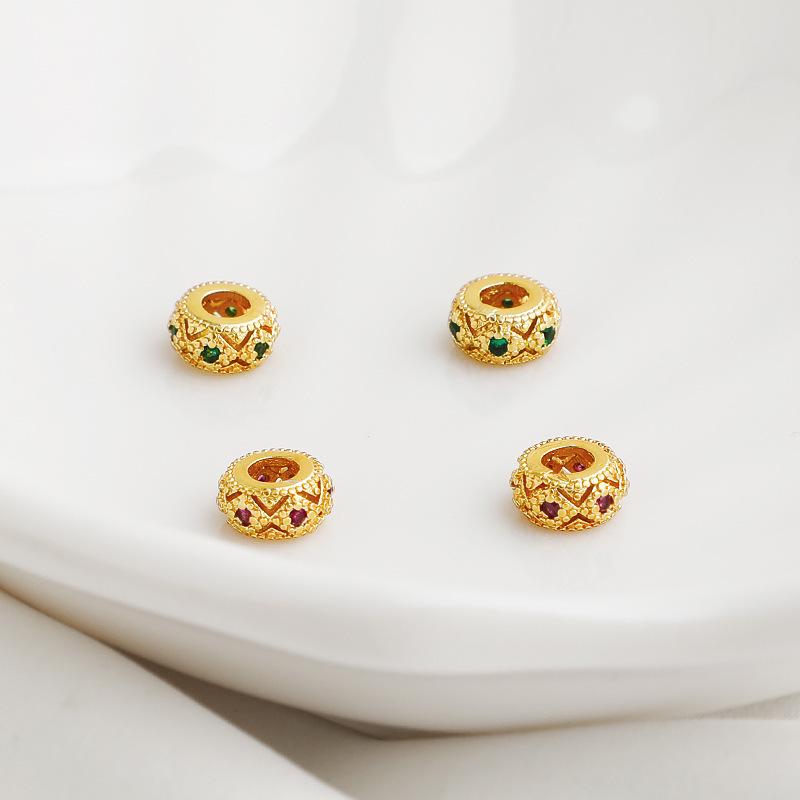 Gold-Plated Zircon-Inlaid Lace Drum Beads: Hollow Large Hole Spacers for DIY Necklaces