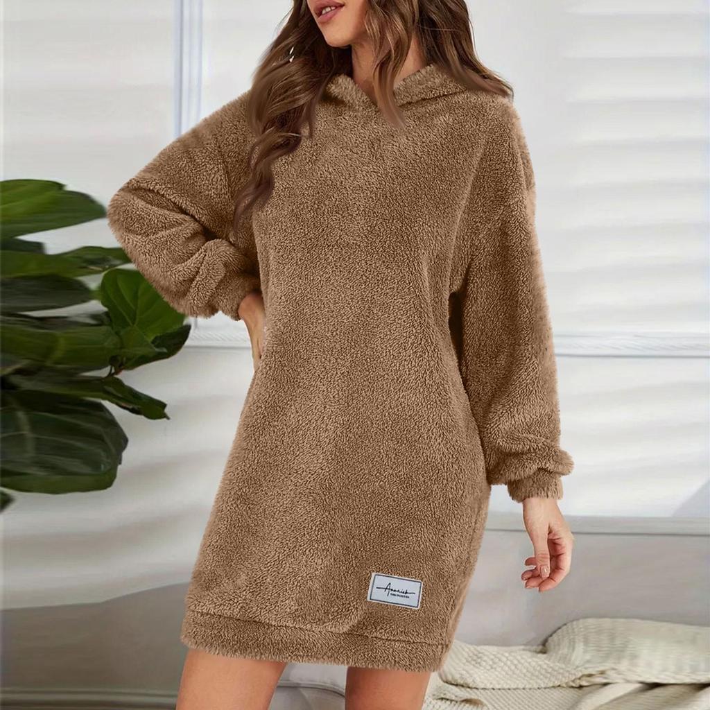Abito da donna alla moda con cappuccio a maniche lunghe in peluche tinta unita felpa casual