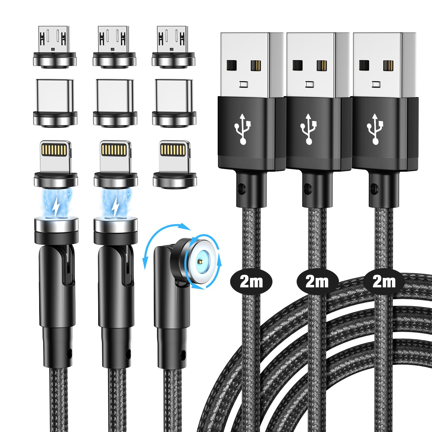 

Магнитная зарядка USB Зарядка Магнитный кабель 2 м 2 м Набор 9 Магнитный USB Магнитный зарядный кабель с Lightning и Micro для iOS Магнитный зарядный кабель чёрный