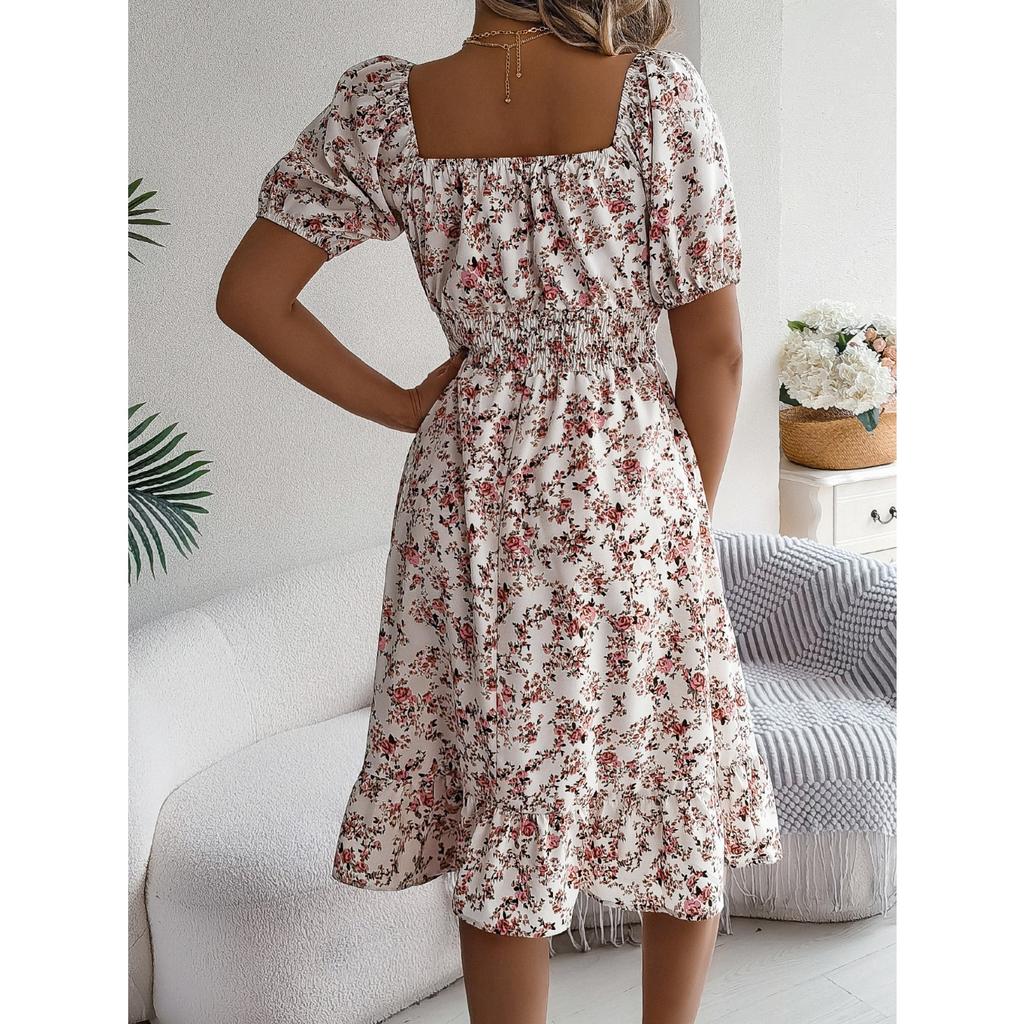 QICED Spring Summer Floral-patterned Square-neck Short-sleeved, Waist-cinched, Ruffled A-line Skirt Women's Clothing