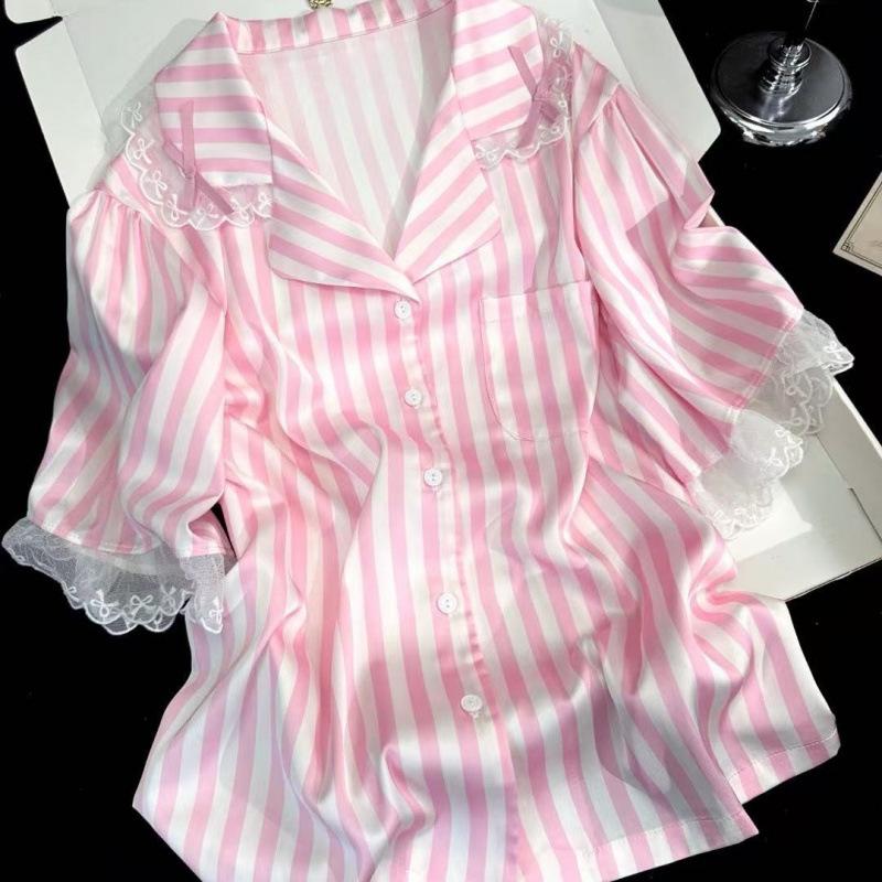 1011 pajamas women's spring summer thin lapel sweet new short-sleeved shorts striped lace sweet wind loungewear