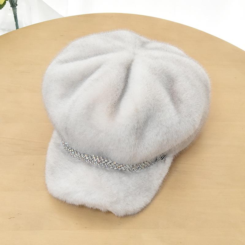 Luxury Faux Mink Fur Beret with Visor for Women, Winter Double Warmth Cotton Lined Hat, Stylish Outdoor Peaked Beret