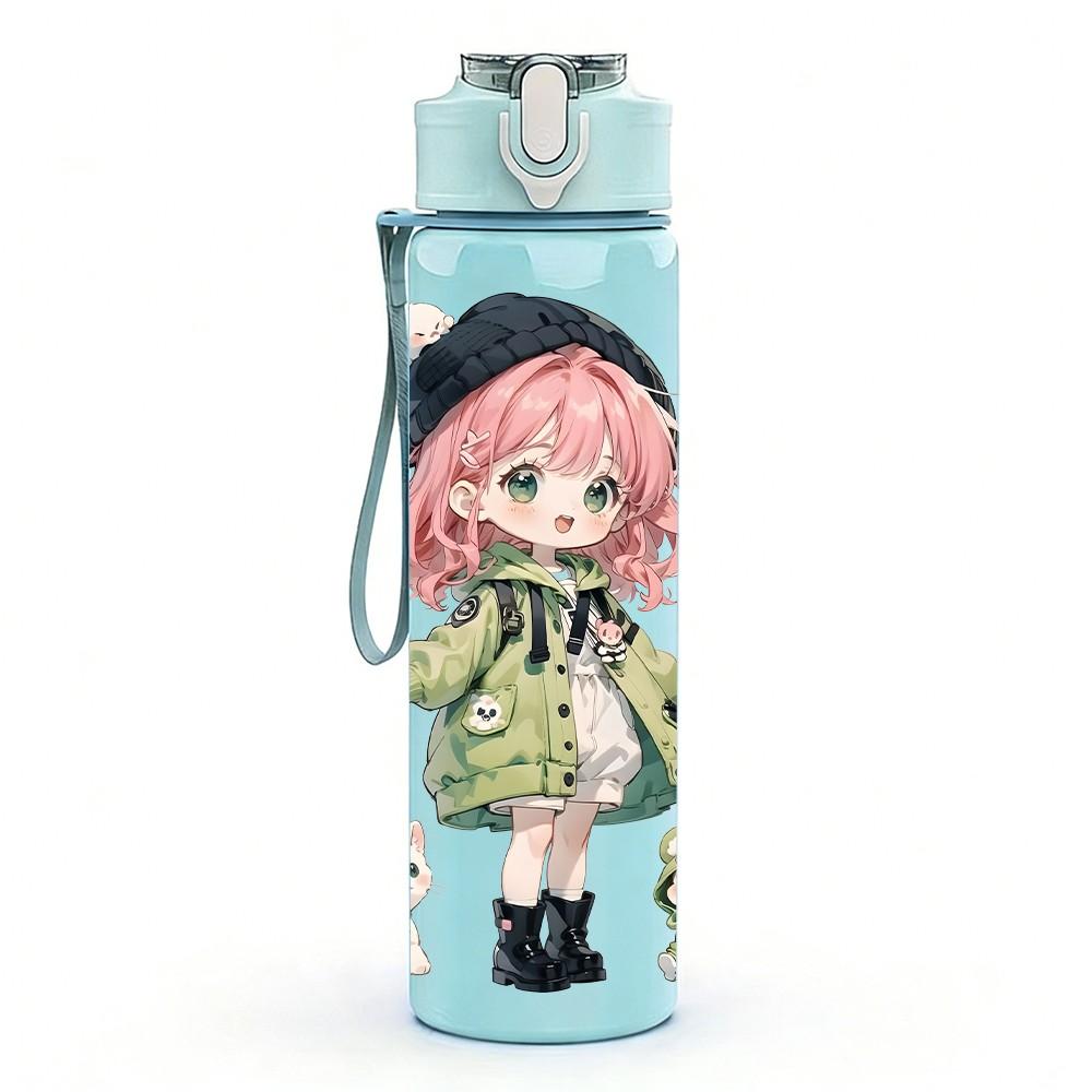 1PC Pink Hair Girl Green Raincoat Pattern 750ml Color Plastic Sports Water Bottle Leakproof Flip Straw Lid Suitable for Sports Office Home Use