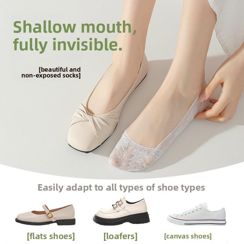 5 Pairs Spring and Summer Boat Socks for Women Thin Non-slip with Shallow Mouth Invisible Socks Lace Sweat Absorption Socks