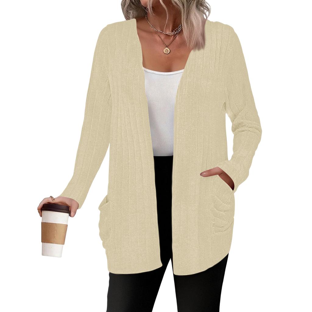 Women's Fashionable Loose Color Ribbed Brushed Pocket Cardigan Long,sleeved Coat