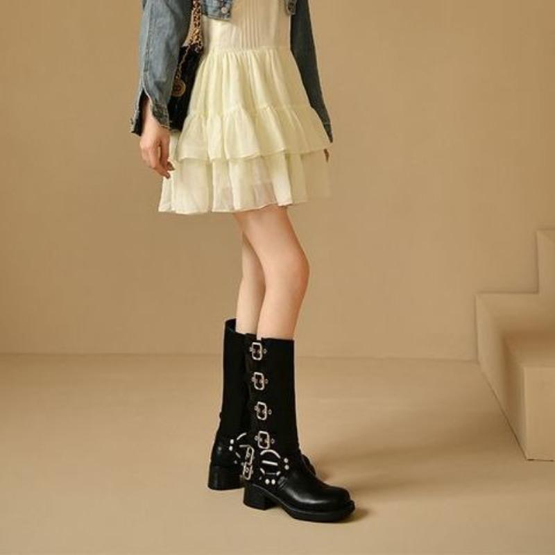 Fashion Square Toe Middle Heel Leather Women's Long Boots Autumn Winter Fleece-Lined Ladies Knee High Shaft Shoes Y2k Goth Footwear Sale