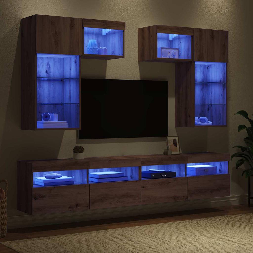 TV Wall Unit with LED Light Strips 6 pcs Reclaimed Wood Effect Particleboard