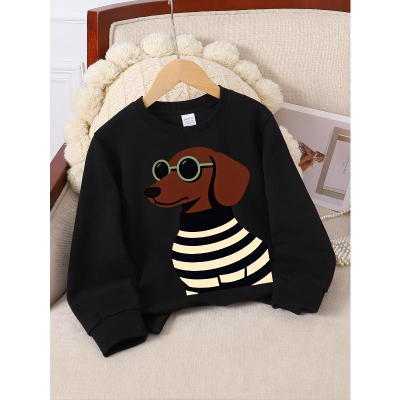 Girls' Soft Crewneck Sweatshirt, Cool Dachshund Dog Striped Shirt with Sunglasses Print And Cute Creative Design, Casual All-Match for Fall Winter