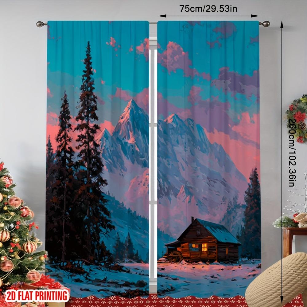 2D Flat   [2D Printed Curtains]   2pcs   winterChristmas   Snow Mountain Cabin and Pine Sunset Design   Polyester   Perfect for Living