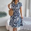 Women Summer V Neck Knee Length Pleated Print Belt Fashion Dress